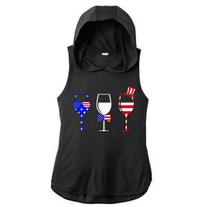 4th Of July Red White Blue Wine USA Glasses Ladies PosiCharge Tri-Blend Wicking Draft Hoodie Tank