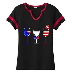 4th Of July Red White Blue Wine USA Glasses Ladies Halftime Notch Neck Tee