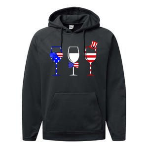 4th Of July Red White Blue Wine USA Glasses Performance Fleece Hoodie