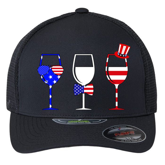 4th Of July Red White Blue Wine USA Glasses Flexfit Unipanel Trucker Cap