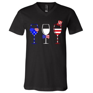 4th Of July Red White Blue Wine USA Glasses V-Neck T-Shirt