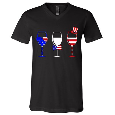 4th Of July Red White Blue Wine USA Glasses V-Neck T-Shirt