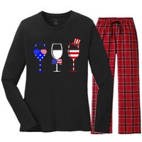 4th Of July Red White Blue Wine USA Glasses Women's Long Sleeve Flannel Pajama Set 