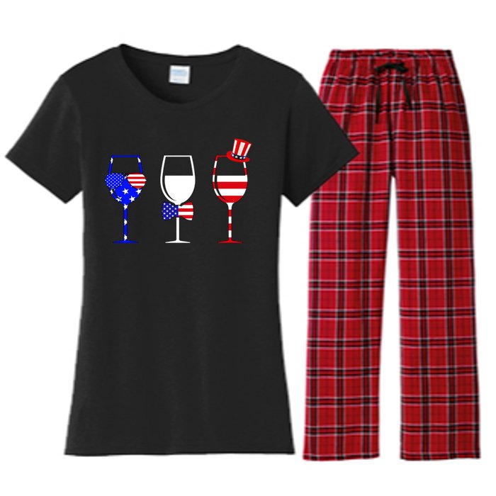 4th Of July Red White Blue Wine USA Glasses Women's Flannel Pajama Set