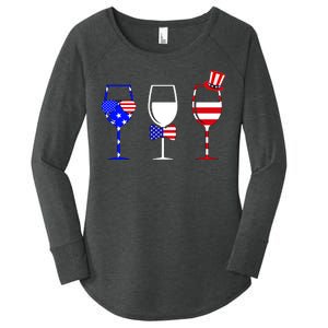 4th Of July Red White Blue Wine USA Glasses Women's Perfect Tri Tunic Long Sleeve Shirt