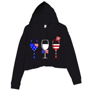 4th Of July Red White Blue Wine USA Glasses Crop Fleece Hoodie