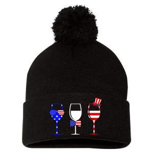 4th Of July Red White Blue Wine USA Glasses Pom Pom 12in Knit Beanie