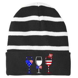 4th Of July Red White Blue Wine USA Glasses Striped Beanie with Solid Band