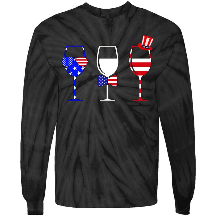 4th Of July Red White Blue Wine USA Glasses Tie-Dye Long Sleeve Shirt