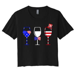 4th Of July Red White Blue Wine USA Glasses Women's Crop Top Tee