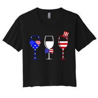 4th Of July Red White Blue Wine USA Glasses Women's Crop Top Tee