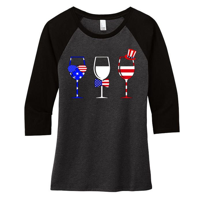 4th Of July Red White Blue Wine USA Glasses Women's Tri-Blend 3/4-Sleeve Raglan Shirt