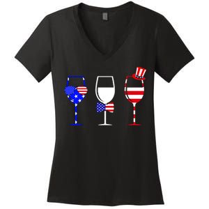 4th Of July Red White Blue Wine USA Glasses Women's V-Neck T-Shirt