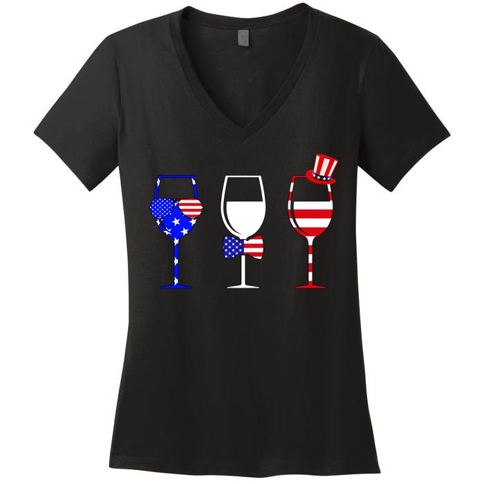 4th Of July Red White Blue Wine USA Glasses Women's V-Neck T-Shirt