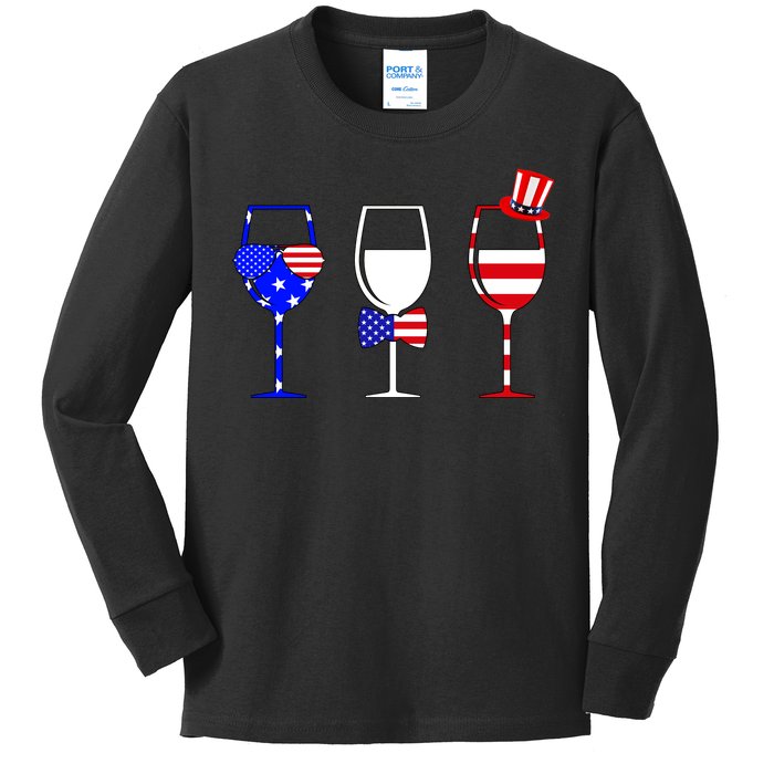 4th Of July Red White Blue Wine USA Glasses Kids Long Sleeve Shirt