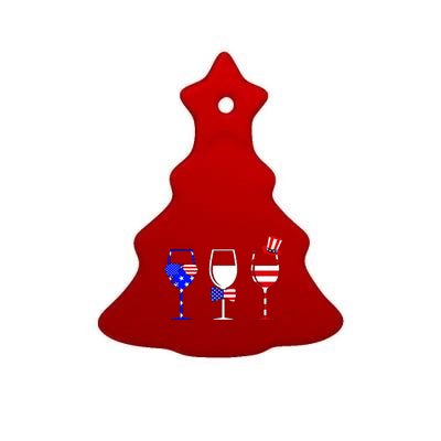 4th Of July Red White Blue Wine USA Glasses Ceramic Tree Ornament