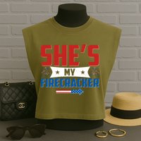 4th of July She's My Firecracker Matching Shirt Garment-Dyed Women's Muscle Tee