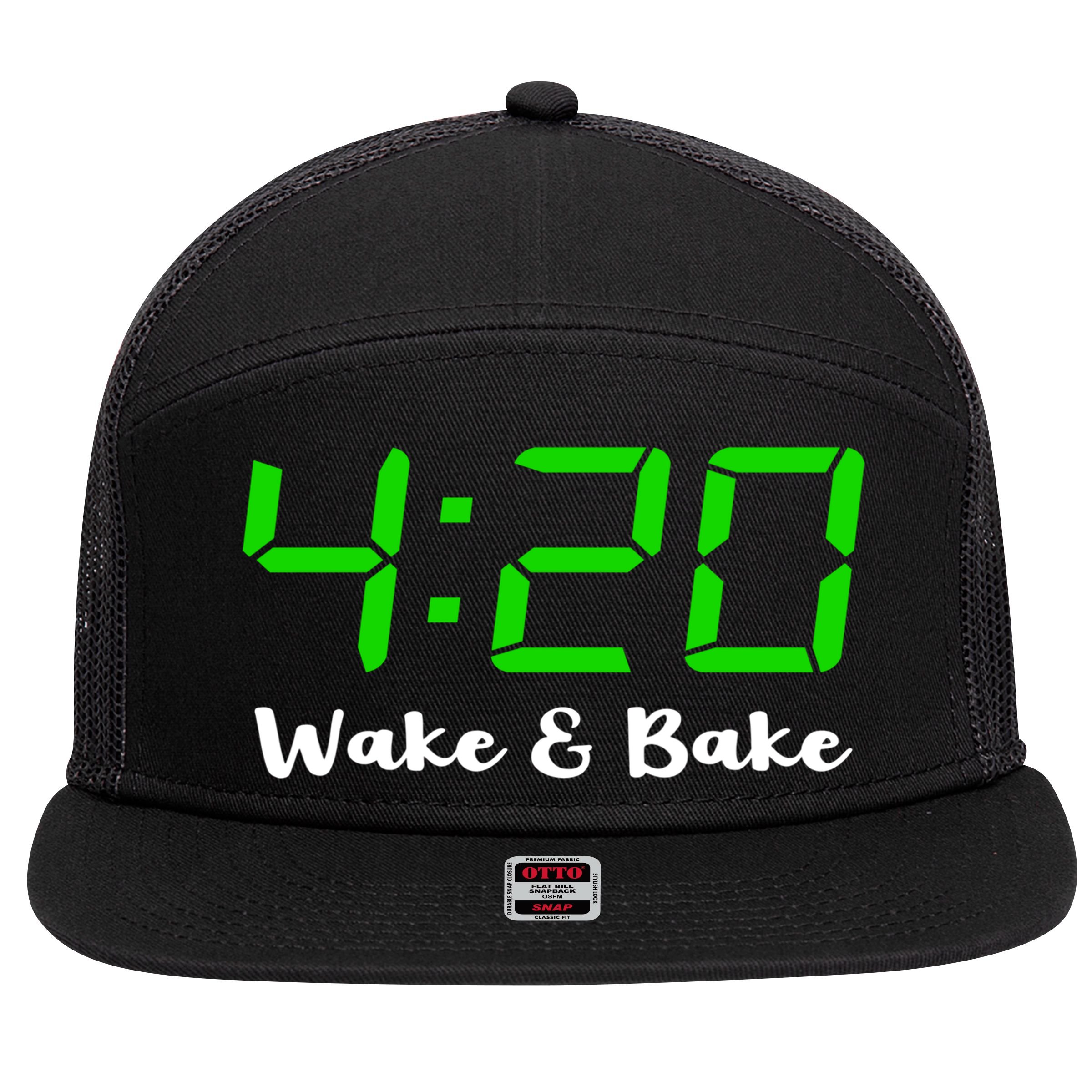 420 Wake And Bake Funny Marijuana Stoner Gift 7 Panel Mesh Trucker Snapback Hat