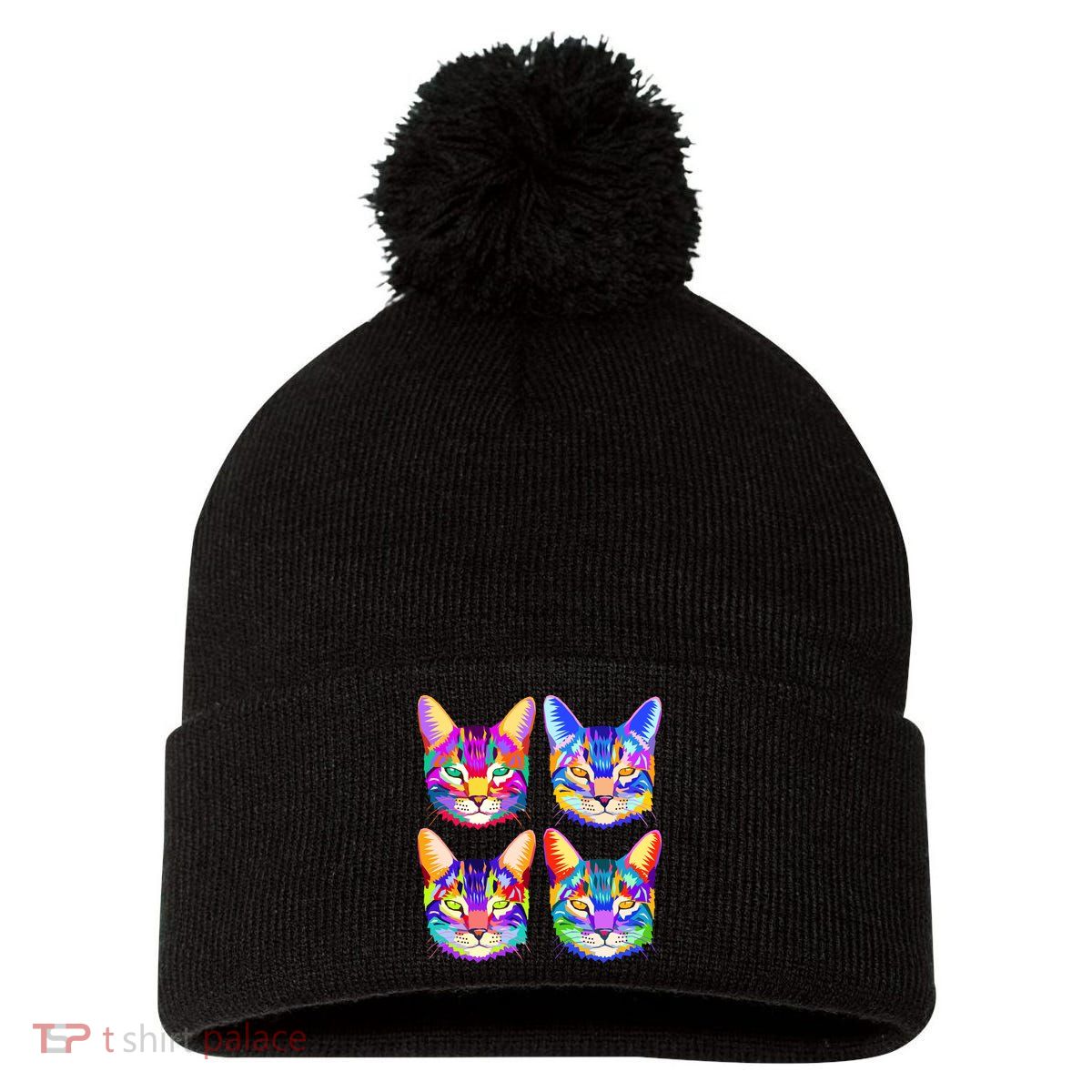 4X Cats - Colorful Portrait Pom Pom 12in Knit Beanie
