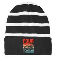 4 Year Old 4th Birthday Monster Truck Striped Beanie with Solid Band