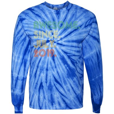 4 Year Old Funny Gift Awesome Since July 2019 4th Birthday Gift Tie-Dye Long Sleeve Shirt