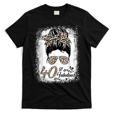40 Years Old Fabulous Messy Bun Leopard 40th Birthday T-Shirt