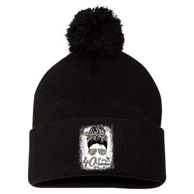 40 Years Old Fabulous Messy Bun Leopard 40th Birthday Pom Pom 12in Knit Beanie