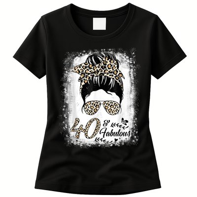 40 Years Old Fabulous Messy Bun Leopard 40th Birthday Womens T-Shirt