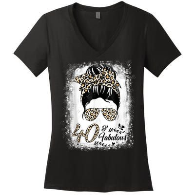 40 Years Old Fabulous Messy Bun Leopard 40th Birthday Women's V-Neck T-Shirt