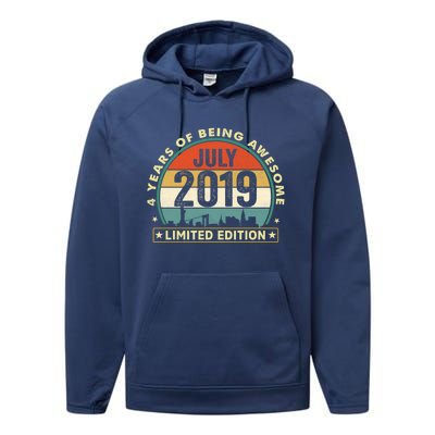 4 Years Old Vintage July 2019 Funny Gift 4th Birthday Gift Performance Fleece Hoodie