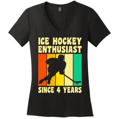 4 Year Old 4 Birthday Vintage Ice Hockey 4th Birthday Women's V-Neck T-Shirt