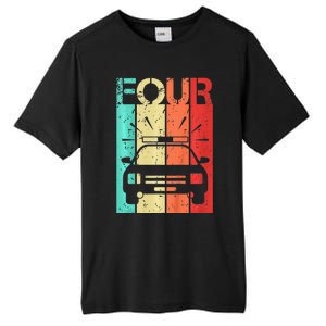 4 Year Old Police Car Birthday Fourth 4th Birthday Boy Girl Tall Fusion ChromaSoft Performance T-Shirt