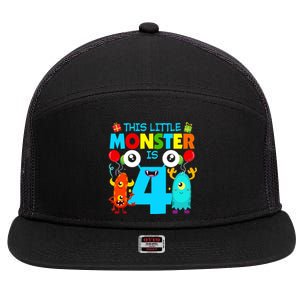 4 Year Old Gifts This Little Monster Is 4th Birthday Boy 7 Panel Mesh Trucker Snapback Hat