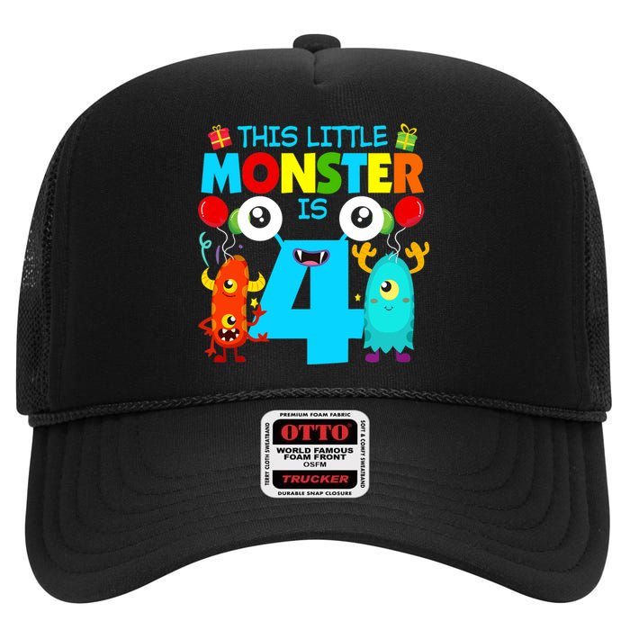 4 Year Old Gifts This Little Monster Is 4th Birthday Boy High Crown Mesh Back Trucker Hat