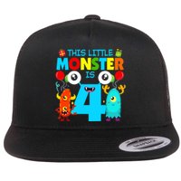 4 Year Old Gifts This Little Monster Is 4th Birthday Boy Flat Bill Trucker Hat