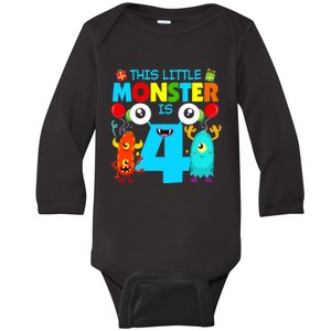 4 Year Old Gifts This Little Monster Is 4th Birthday Boy Baby Long Sleeve Bodysuit