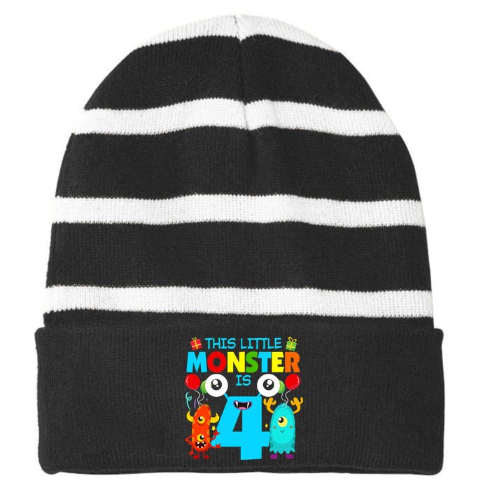 4 Year Old Gifts This Little Monster Is 4th Birthday Boy Striped Beanie with Solid Band