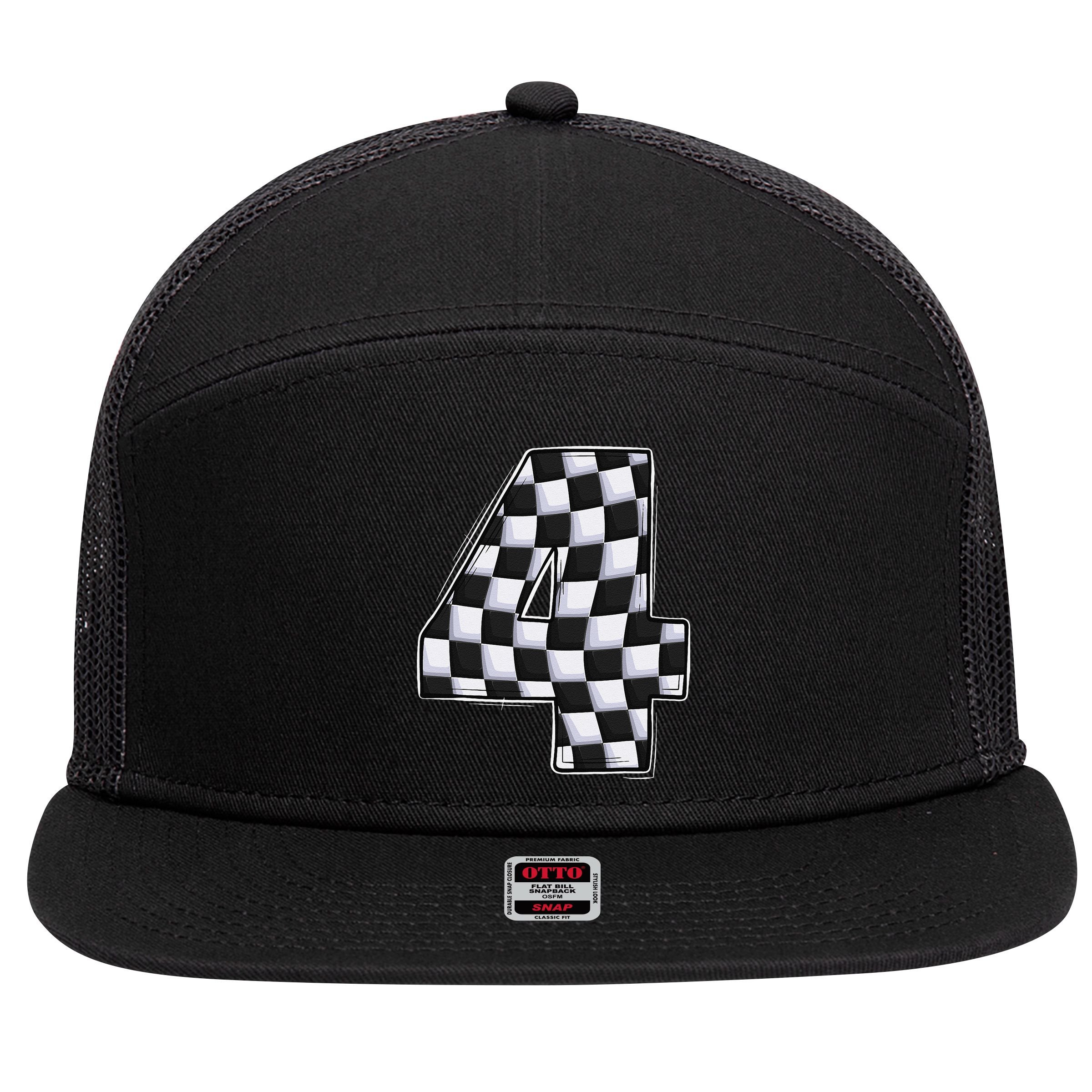 4 Year Old Pit Crew Car Racing 4th Birthday Race Car 7 Panel Mesh Trucker Snapback Hat