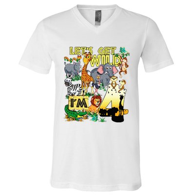 4 Year Old Zoo Safari Birthday Party Tee Lets Get Wild Im 4 V-Neck T-Shirt