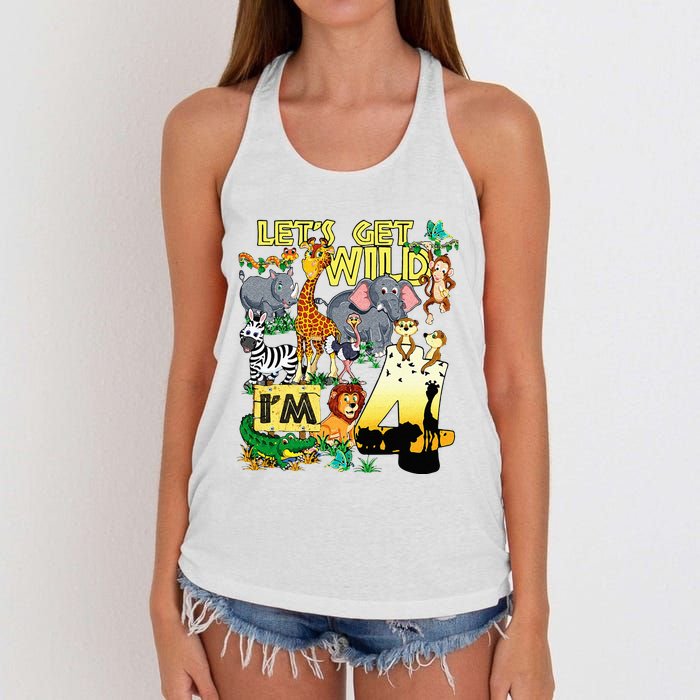 4 Year Old Zoo Safari Birthday Party Tee Lets Get Wild Im 4 Women's Knotted Racerback Tank