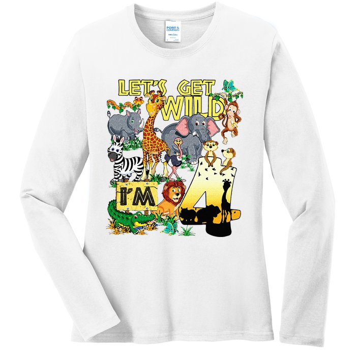 4 Year Old Zoo Safari Birthday Party Tee Lets Get Wild Im 4 Ladies Long Sleeve Shirt