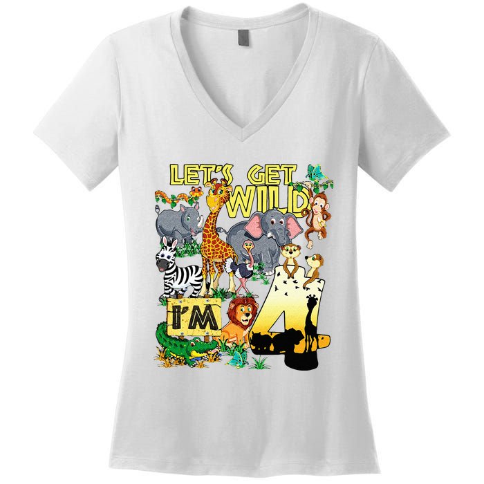 4 Year Old Zoo Safari Birthday Party Tee Lets Get Wild Im 4 Women's V-Neck T-Shirt