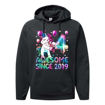 4 Years Old Unicorn Flossing 4th Birthday Girl Unicorn Party Performance Fleece Hoodie