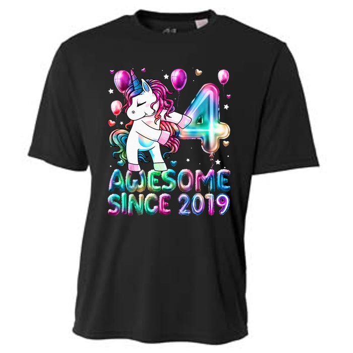 4 Years Old Unicorn Flossing 4th Birthday Girl Unicorn Party Cooling Performance Crew T-Shirt