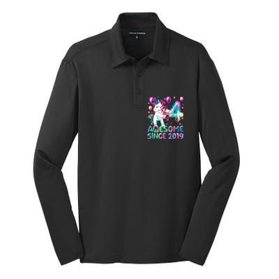 4 Years Old Unicorn Flossing 4th Birthday Girl Unicorn Party Silk Touch Performance Long Sleeve Polo