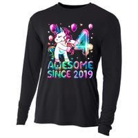 4 Years Old Unicorn Flossing 4th Birthday Girl Unicorn Party Cooling Performance Long Sleeve Crew