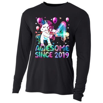 4 Years Old Unicorn Flossing 4th Birthday Girl Unicorn Party Cooling Performance Long Sleeve Crew