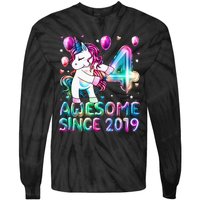 4 Years Old Unicorn Flossing 4th Birthday Girl Unicorn Party Tie-Dye Long Sleeve Shirt