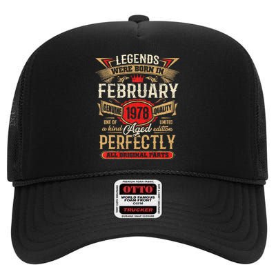 45 Year Old Legends Born In February 1978 45th Birthday Gift High Crown Mesh Back Trucker Hat