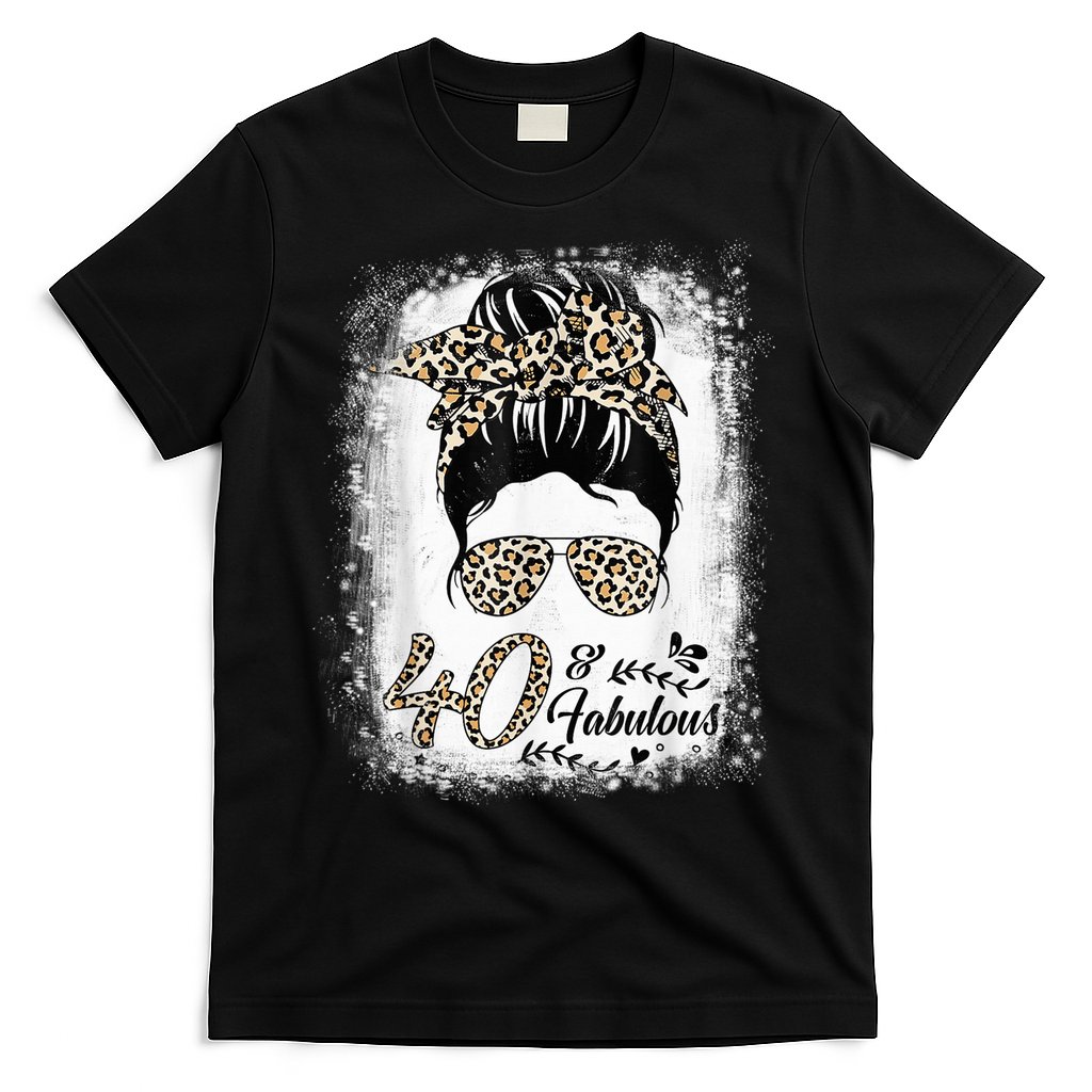 40 Years Old Fabulous Messy Bun Leopard 40th Birthday T-Shirt